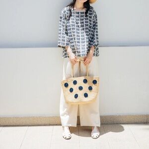Raffia Black Polka Dot Hand-Woven Handbag Market Tote Bag